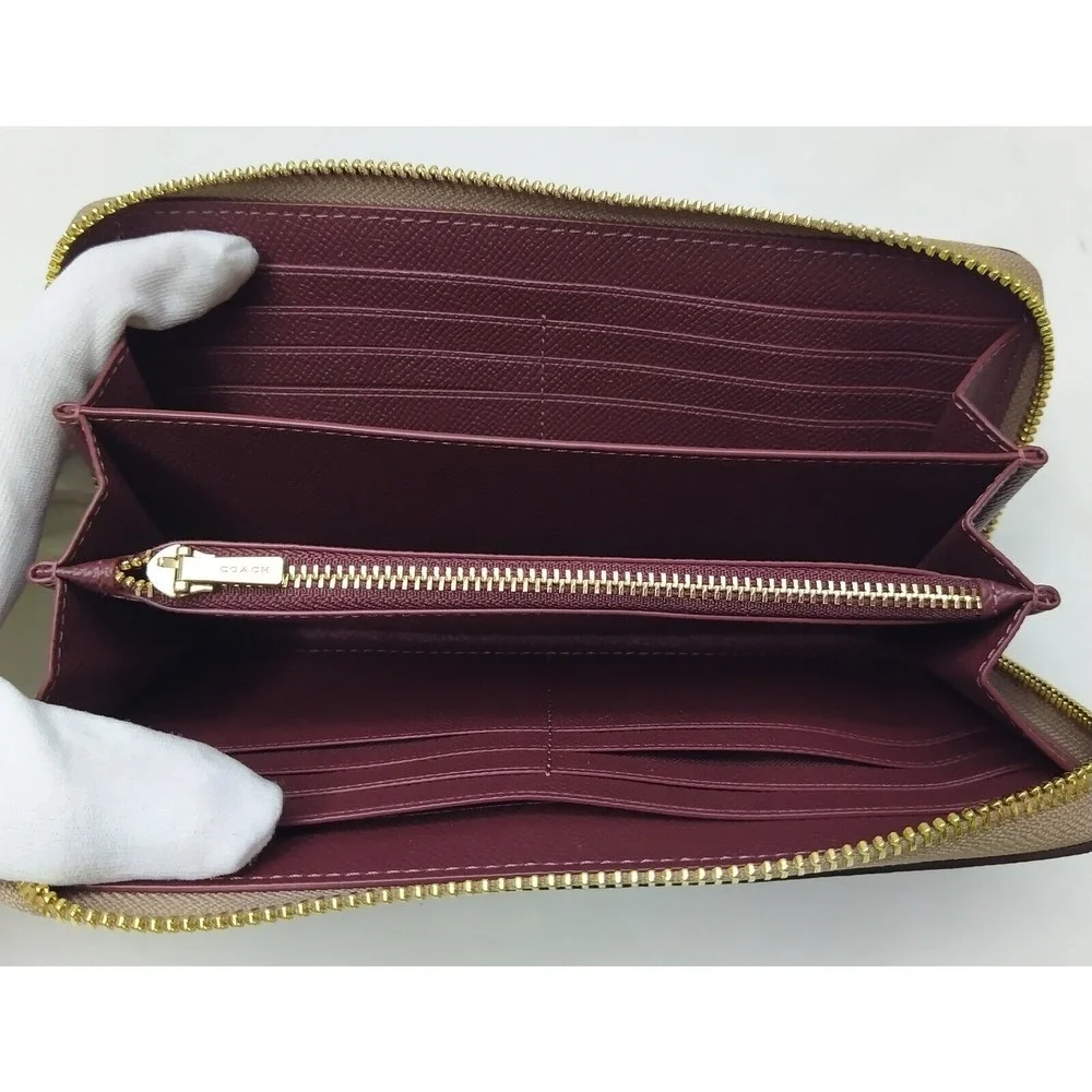Coach Taupe Brown Crossgrain Leather Zip Around Credit Card Wallet - NWT $298